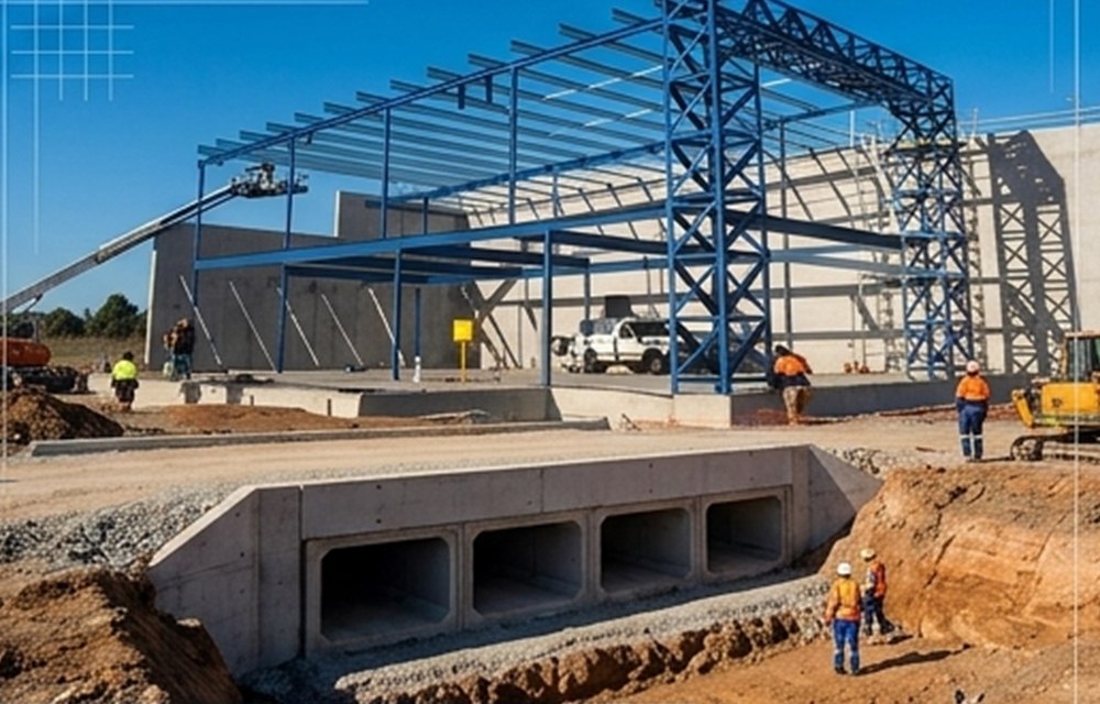 Steel structure and concrete culvert under construction
